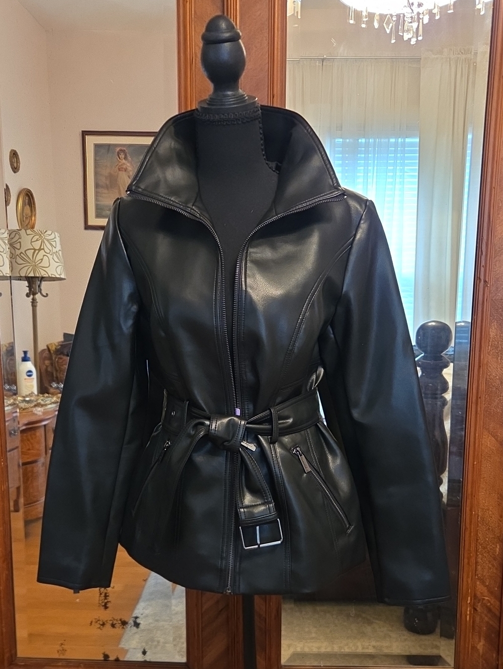 Women's Black Faux Leather Belted Jacket